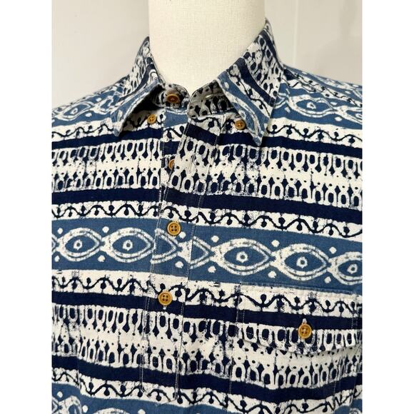 J Crew Button Up Shirt Mens Large Blue Short Sleeve Resort Tribal Vaycay Island - Picture 2 of 4